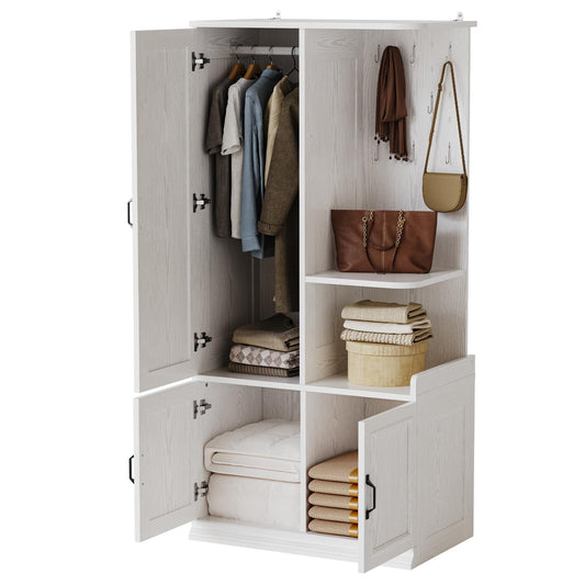 LIKIMIO Armoire Wardrobe Closet, 70" H Wooden Bedroom Armoire with Mirror, 2 Cabinet, Pegboard and a Open Shelf, Large Freestanding Clothing Storage Cabinet with 3 Doors, White