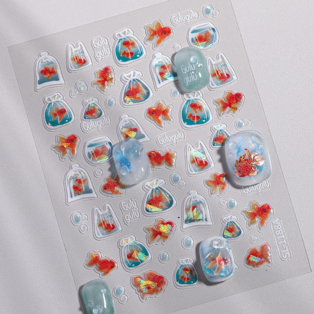 SIMAYKUWA Jelly Bag 3D Goldfish Nail Stickers - 5D Relief Ocean Theme Bubble Water Nail Art Decor, DIY Easy Apply Fake Nails for Women Girls, Cute Long Lasting Manicure Accessories A Set of 2 Sheets