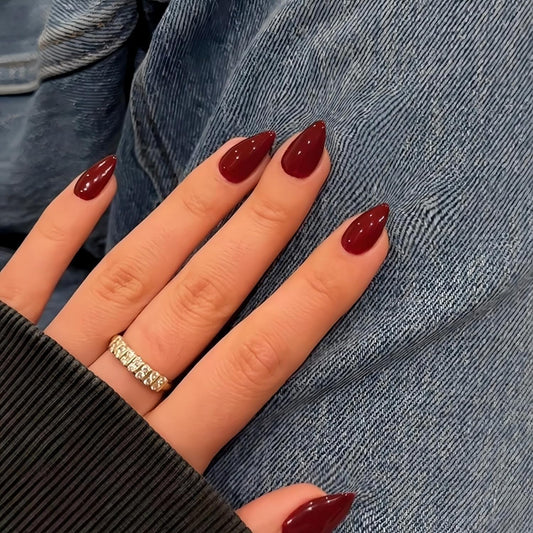 KQueenest Red Press on Nails Short Almond - 30 Pcs Sheer Red Fake Nails Glue on, Thick Acrylic Nails Press ons Stiletto, Salon Quality, Reusable Soft Gel Stick on Nails for Women Finger Decoration