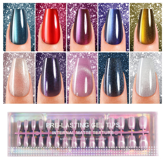Plauva Cat Eye Press on Nails, 300Pcs Short Coffin Cat Eye Nail Tips, Glossy Glitter Soft Gel Fake Nails for Women and Girls Stick On Nails in 15 Sizes