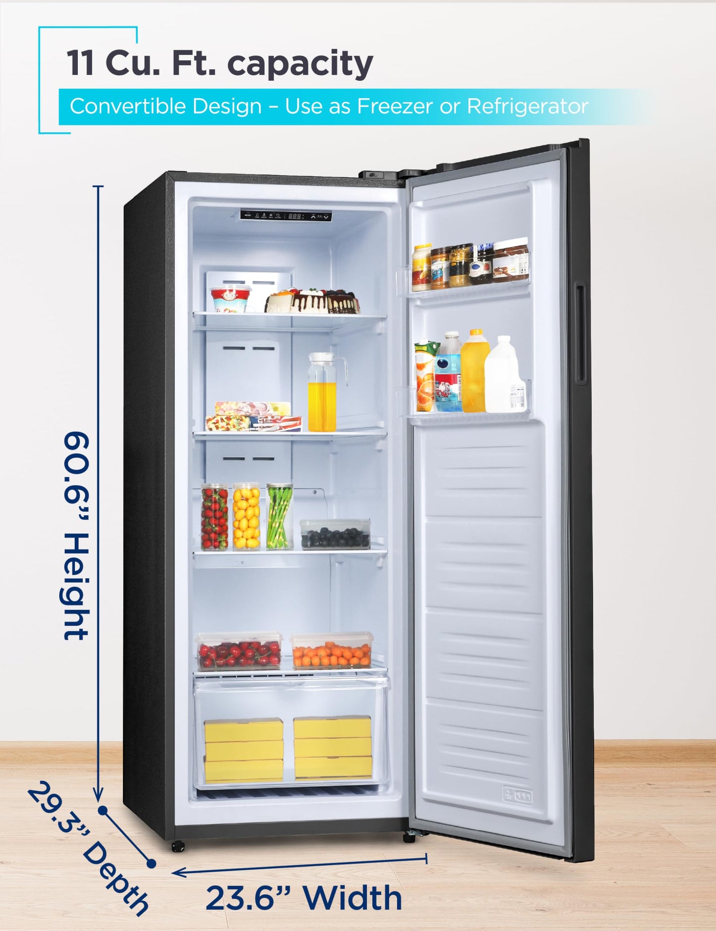 BLACK+DECKER 11 Cu. Ft. Convertible Freezer Refrigerator, Upright Freezer with Glass Shelves, Reversible Door, ENERGY STAR rated, Frost Free, BUC1100XB, Black