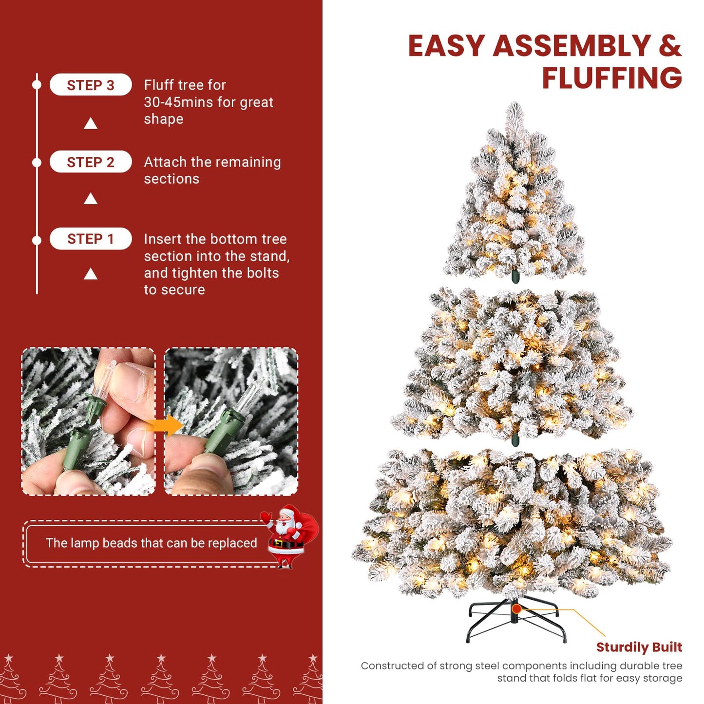 SHareconn 7.5ft Prelit Snow Flocked Spruce Artificial Christmas Tree with 350 Incandescent Warm White Lights, Foldable Stand, Snow Flocked Full Prelighted Xmas Tree W/1170 Branch Tips, 7.5 FT, White