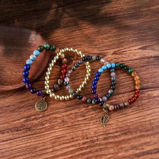 JTK Design Natural Semi Precious Gemstone beads bracelet for women Seven Chakra Healing Crystal Stretch Stackable Bracelets with Yoga Charms 4in1 set