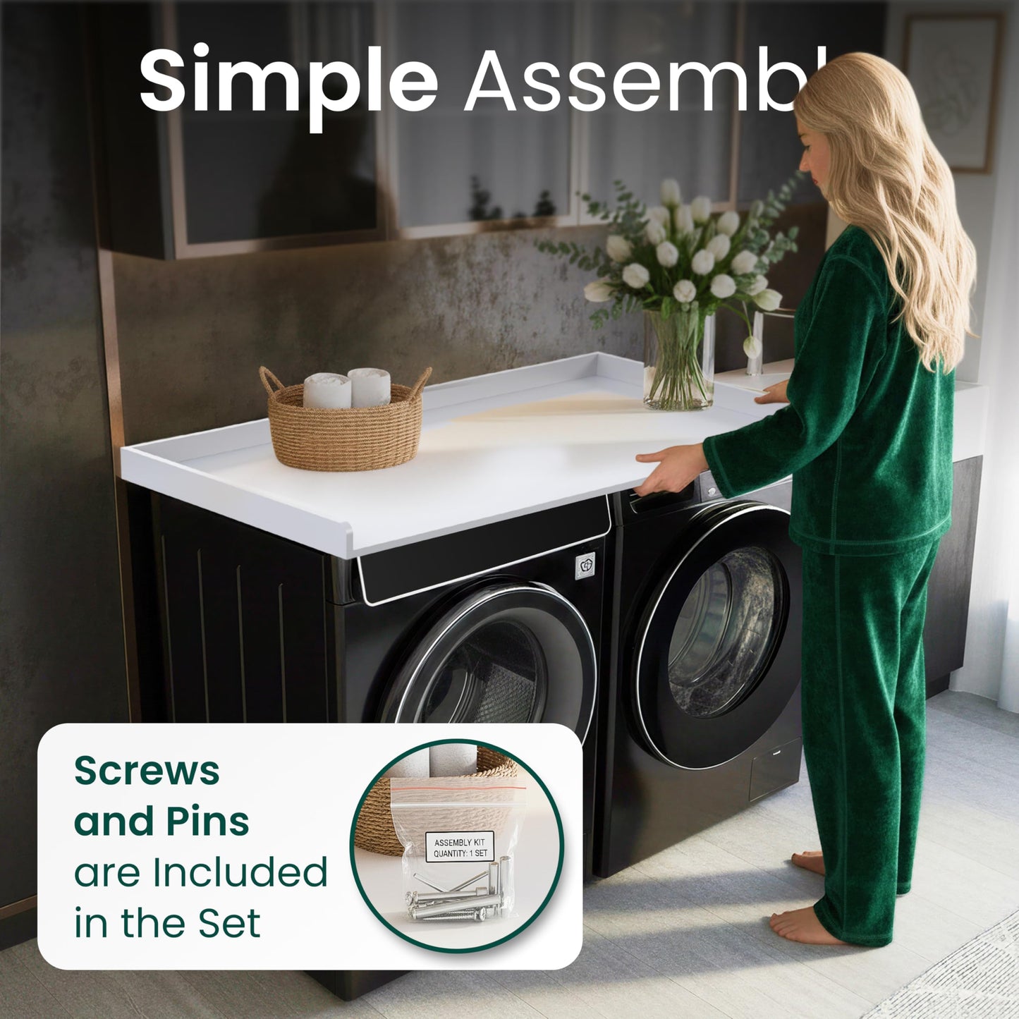 NORTH BLOOM Premium Washer Dryer Countertop 54" W x 27.5" D x 3.1" H, One Piece Solid Board Laundry Room Topper with Edge Rails, Washing Machine Top, Painted Finish, Anti-Slip Feet (White Color)