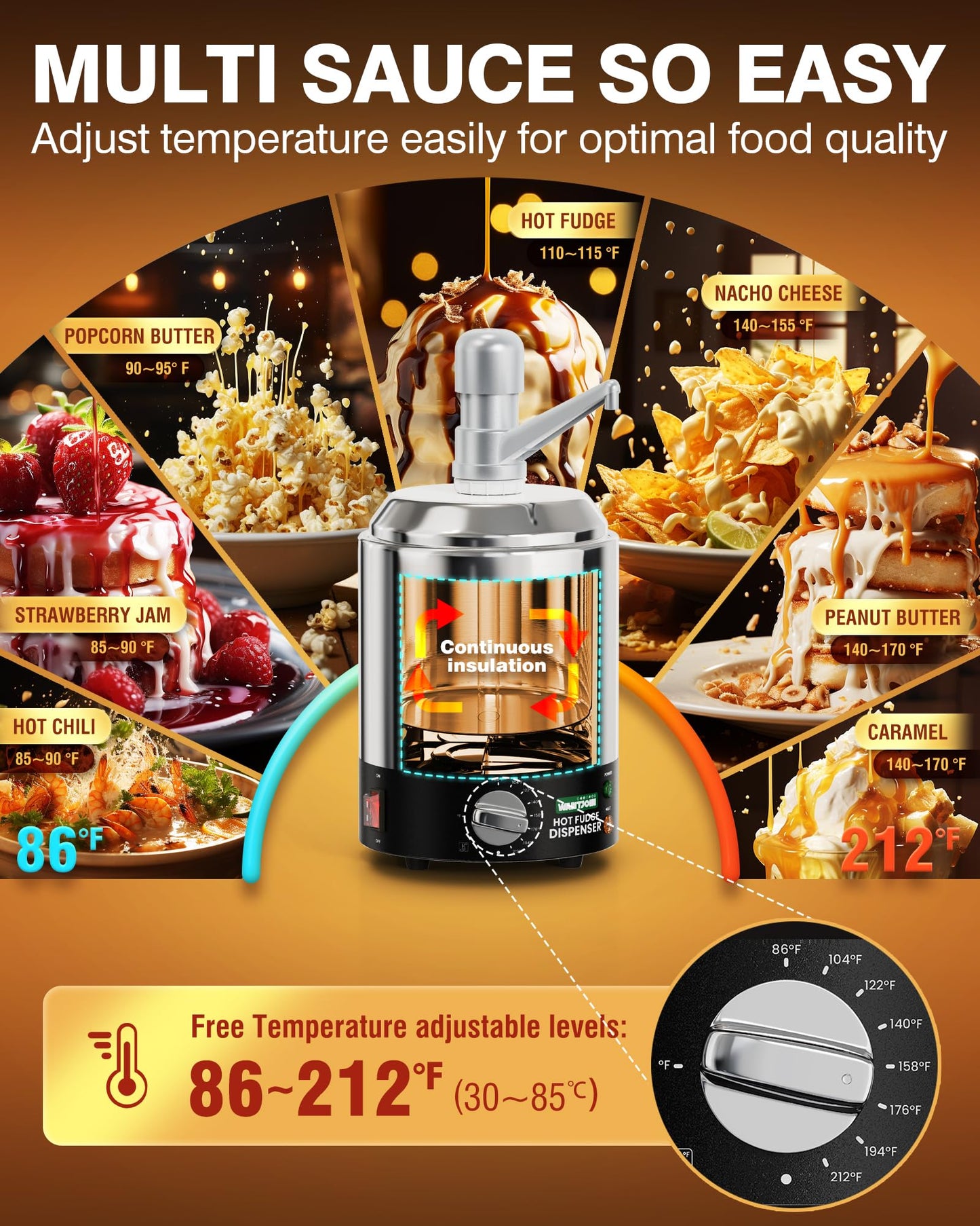 WantJoin Nacho Cheese Dispenser with Pump - 2.8QT Stainless Steel Warmer with 86-230°F Adjustable Temperature Control