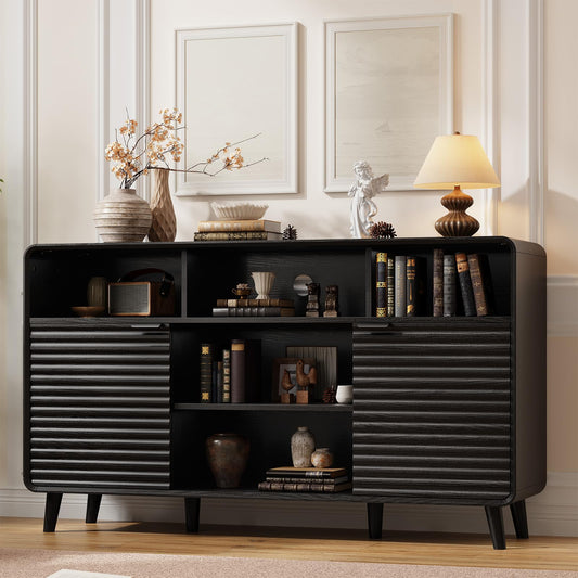 Lefurture 58 Inch Buffet Cabinet with Storage, Curved Buffet Sideboard w/2 Wave Doors, Open Storage Shelf, Adjustable Shelves, Wooden Coffee Bar Cabinet for Kitchen, Living Room, Black