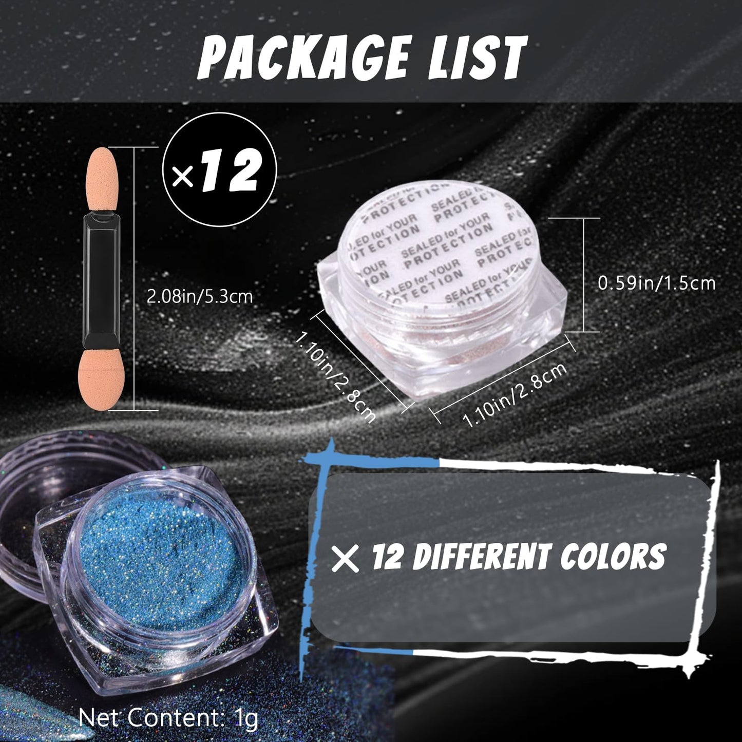 MKNZOME 12 Jars Holographic Nail Powder, Chrome Nail Powder Kit Black Blue Ultra Fine Glitter Powder Set, Rainbow Neon Pigment Manicure Glitter Dust with 12 Pcs Dual Sides Sponge Applicators