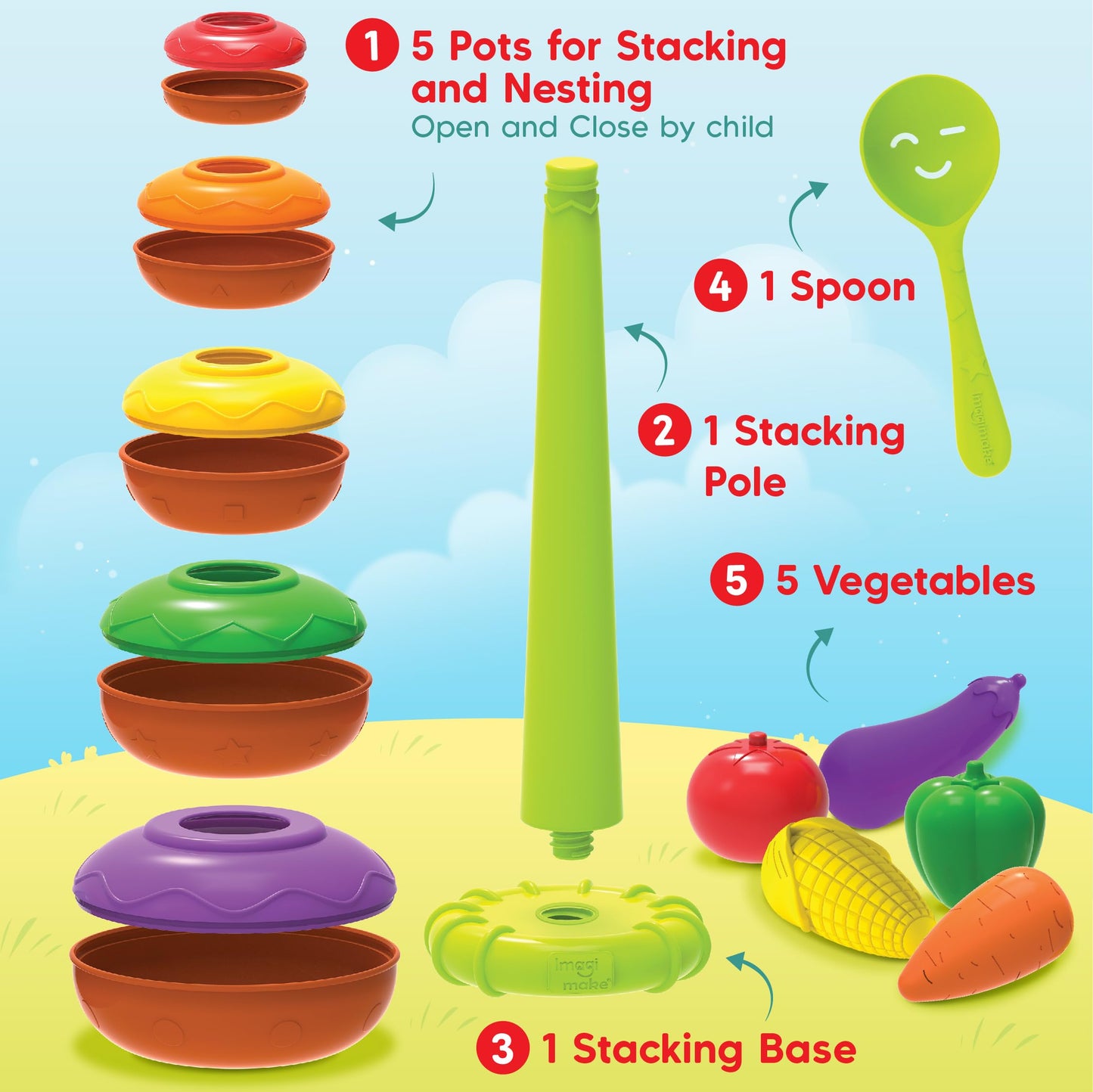 Imagimake Stacking Pots Toys | Leaps & Bounds 6+ Month Old Baby Toy | Learning Toy for Infant & Toddler | 5-in-1 Play & Learn | Stacking, Nesting, Pretend Play | First Birthday Gifts for Girls & Boys