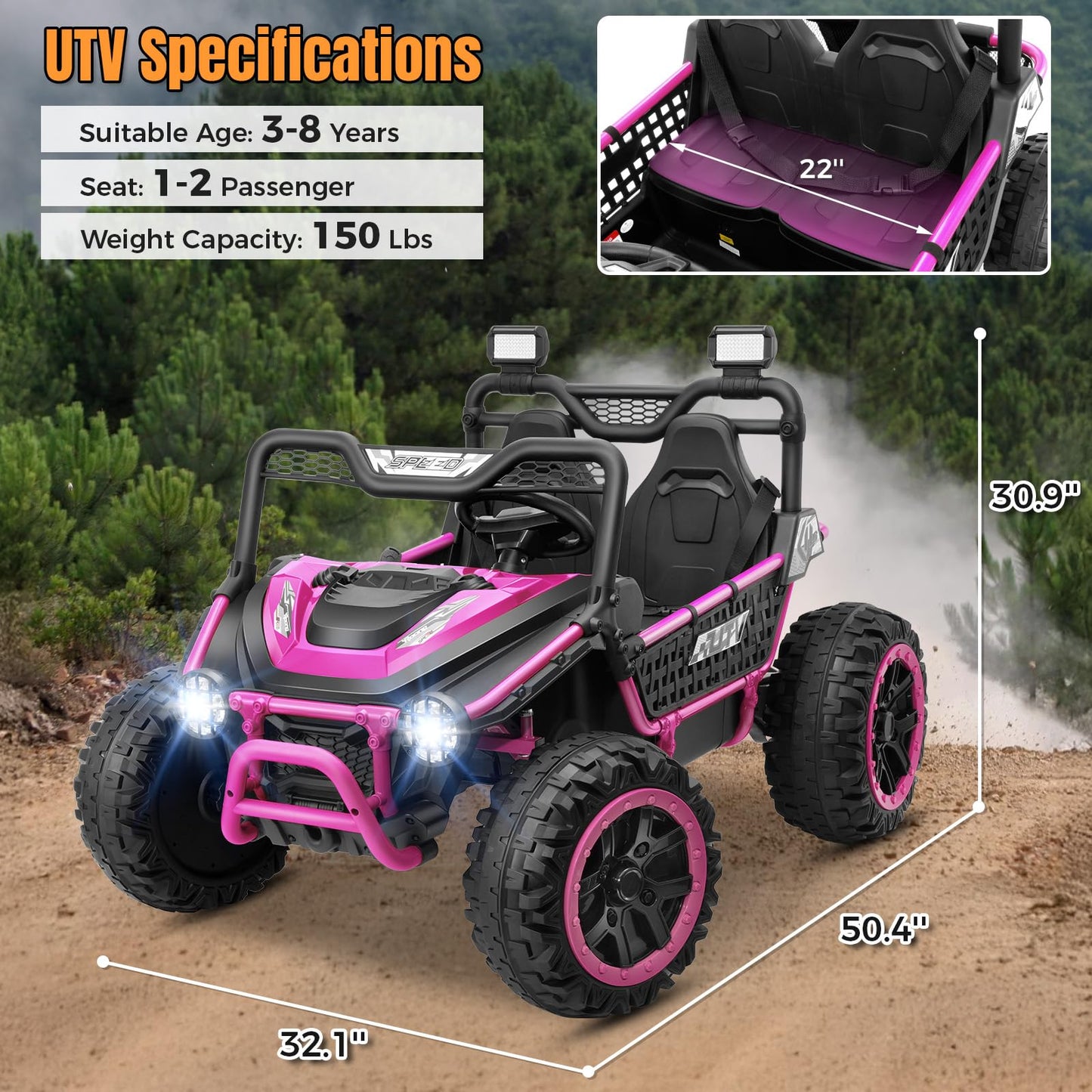 Hikole 24V Ride on Toys for Boys&Girl, 2 Seater Kids UTV with Parent Remote, 400W Battery Motors Operated, XXL Design, Steering Wheels, Easy to Assemble, Dashboard/LED/Horn/Bluetooth, Hot Pink