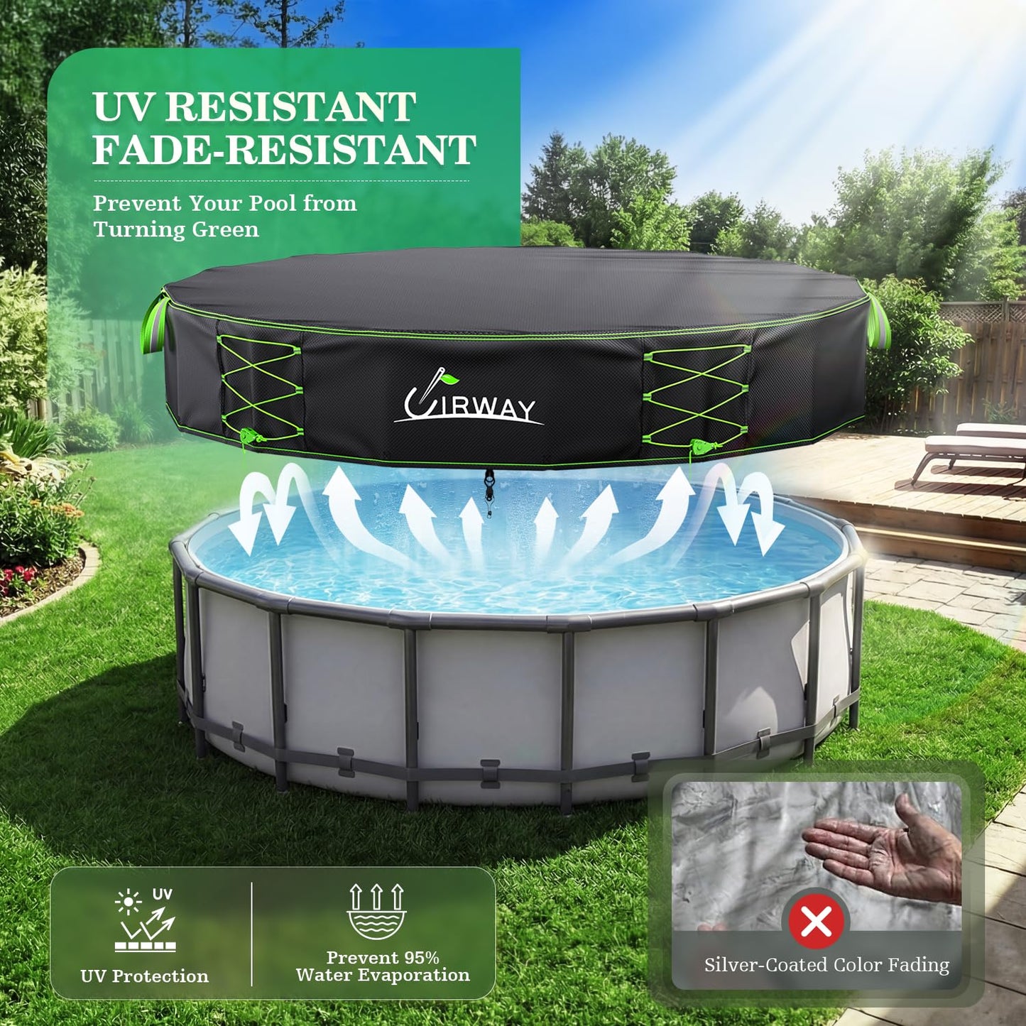 Uirway 600D Upgraded 18ft Pool Cover Round for Above Ground Pool, Tear Resistant Heavy Duty Fabric with Windproof Ratchet Locking & Reflective Drawstring, Weatherproof UV Protection, Anti-Slip Straps
