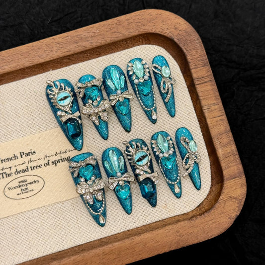 Yacey Luxury Jewel Handmade Press on Nails, Long Stiletto Reusable False Nails Press Ons, Blue Thick Acrylic Fake Nails with Charms, 3D Bling Glue on Nails for Women Girls (10 Pcs, S)
