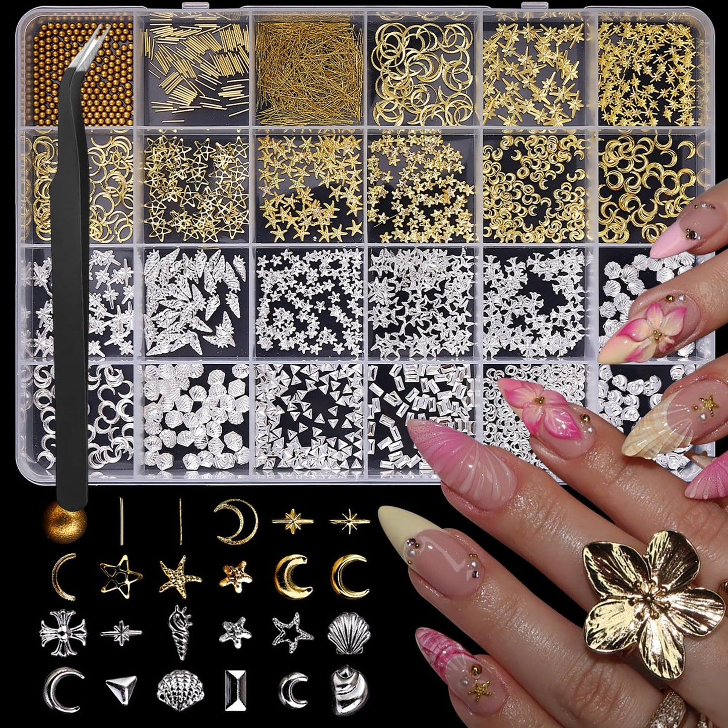 Gold Silver Nail Charms 3D Alloy Flower Nail Gems Metal Moon Star Nail Jewels Ocean Beach Starfish Seashell Gold Beads Nail Art Supplies with Tweezer for Women DIY Acrylic Nail 24 Grids 1 Box