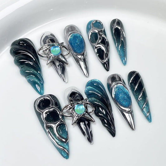 Wsliana Nails Handmade Press On Nails - Y2K 3D Embossed Design, Blue Long Stiletto Press On False Nail, 10pcs Glue On Acrylic Fake Nails with Storage Box | Salon Quality | Trendy Nail Kit (071, L)
