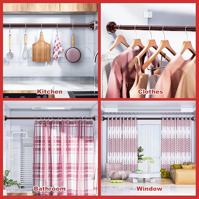 Ausemku Shower Curtain Rod - 32-92 Inch Rustproof Tension Rod, Non-Slip Spring Design, No Drilling Adjustable Curtain Rod for Bathroom, Kitchen, and Closet（Brown）