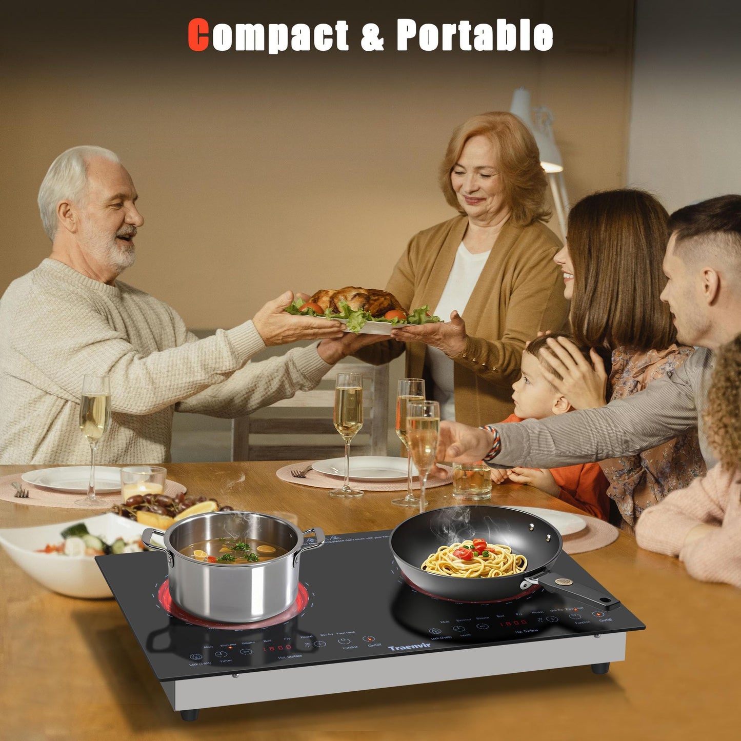 Traenvir 2 Burner Electric Cooktop, Two Burner Ceramic Cooktop 2000W, 24 Inch Countertop & Built-in Electric Stove top for Camping, Outdoor, Child Lock, Timer, 8 Power Levels, 110V-120V Plug in, Blue