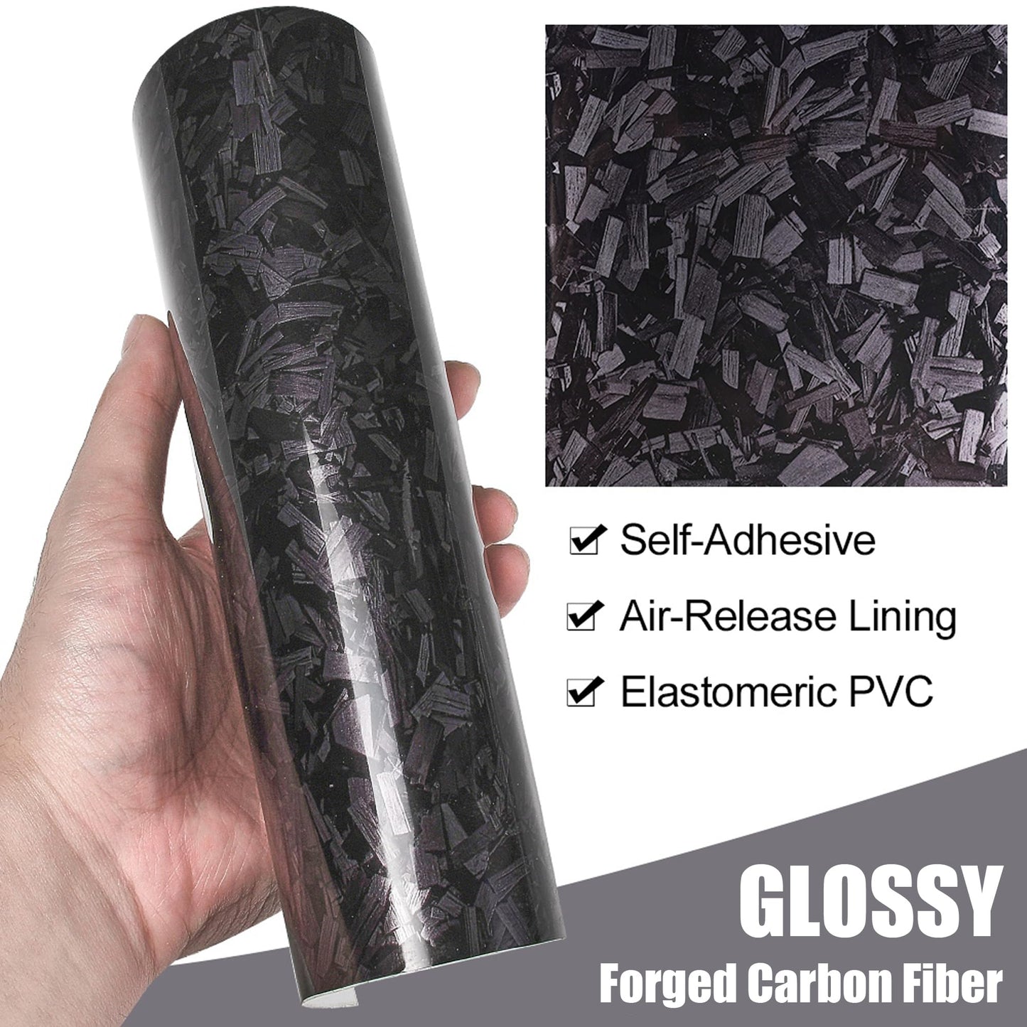 AuMoHall Black Forged Carbon Car Vinyl Wrap Glossy Black Simulated Forged Carbon Fiber Gloss Finish Car Body Film for Vehicle Interior Exterior Decoration, 59.84" x 196.85"