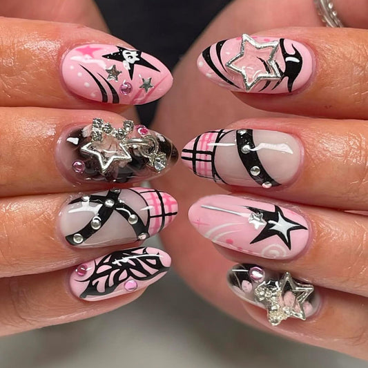 SEENEEY Almond Press on Nails Medium Fake Nails Pink Artificial Nail Stars and Rhinestones Designs Stick on Nail for Women 24pcs