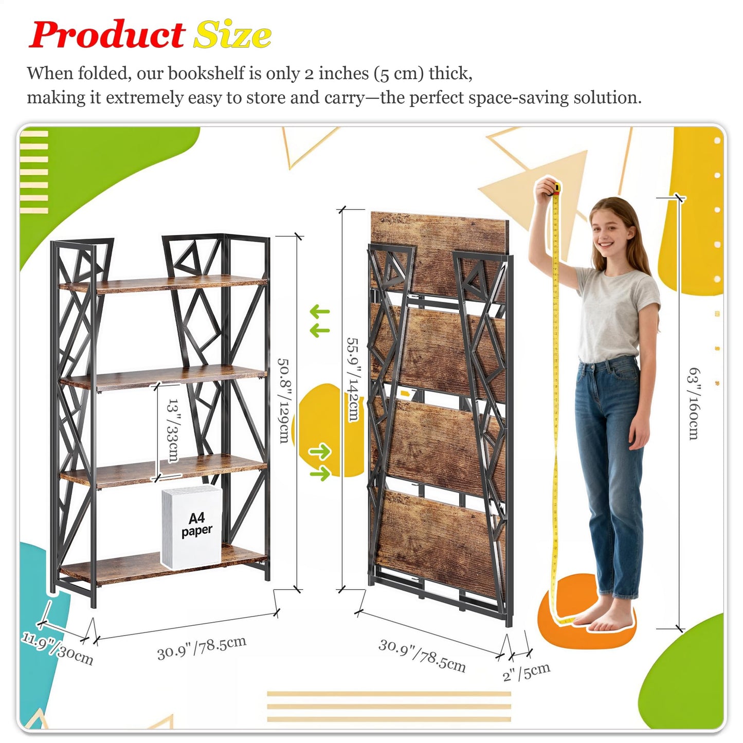 UDD No Assembly Wide Folding Bookshelf, 50.8" H x 30.9" W, 4 Tier Foldable Book Shelf Industrial Bookcase, Vintage Collapsible Storage Shelves for Home Office Living Room Bedroom, Rustic Brown Black