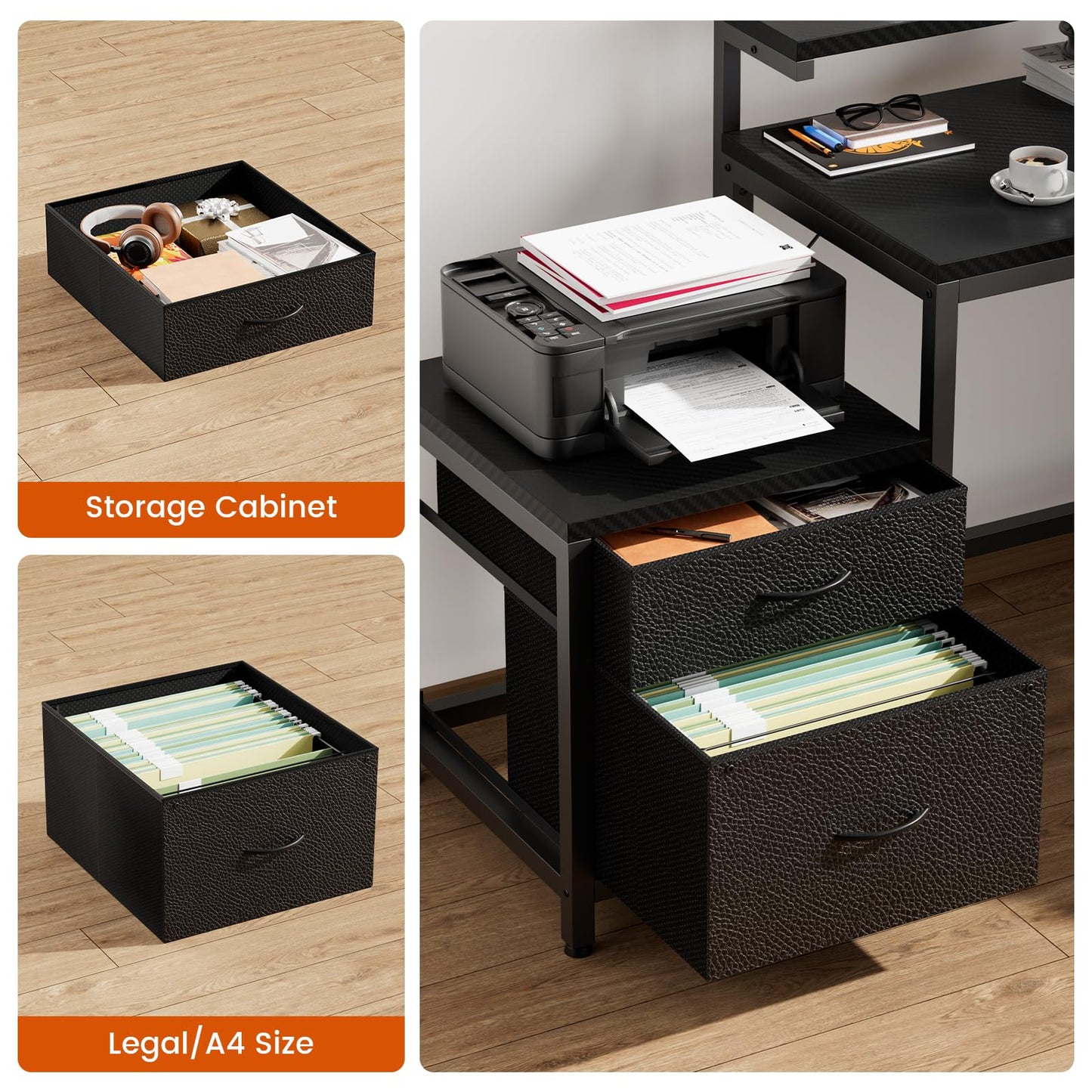 REAHOME 70 Inch L Shaped Desk with File Drawers and Reversible Storage Shelves, Computer Desk with Power Outlet & LED Strip, Home Office Desks, Writing Study Desk for Bedroom, Carbon Fiber Black