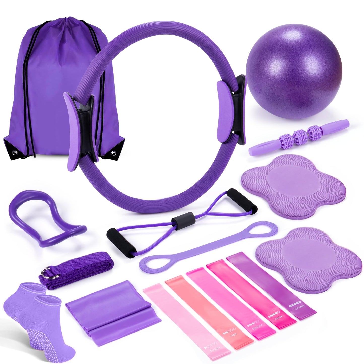 14" Pilates Ring Circle Fitness Set of 17 Equipment Accessories Workouts Includes Pilates Ball Magic Circle Yoga Ring Knee Pads and Resistance Bands for Women Set Gift for Women Weight Loss (Purple)"