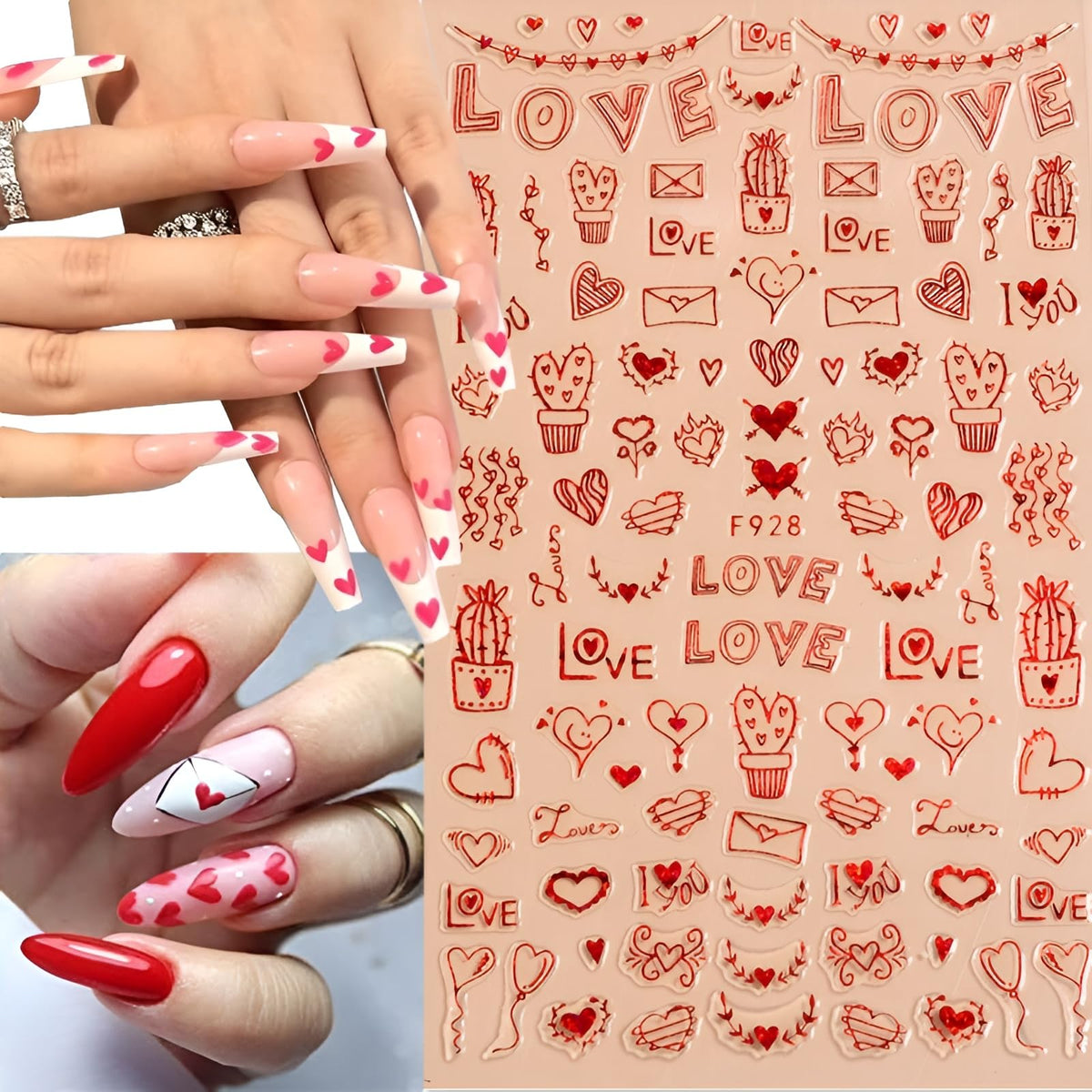8 Sheets Red Heart Nail Art Stickers Valentine's Day Nail Decals 3D Self-Adhesive Pegatinas Uñas Red Heart Love Nail Supplies Nail Art Design Decoration Accessories for Women