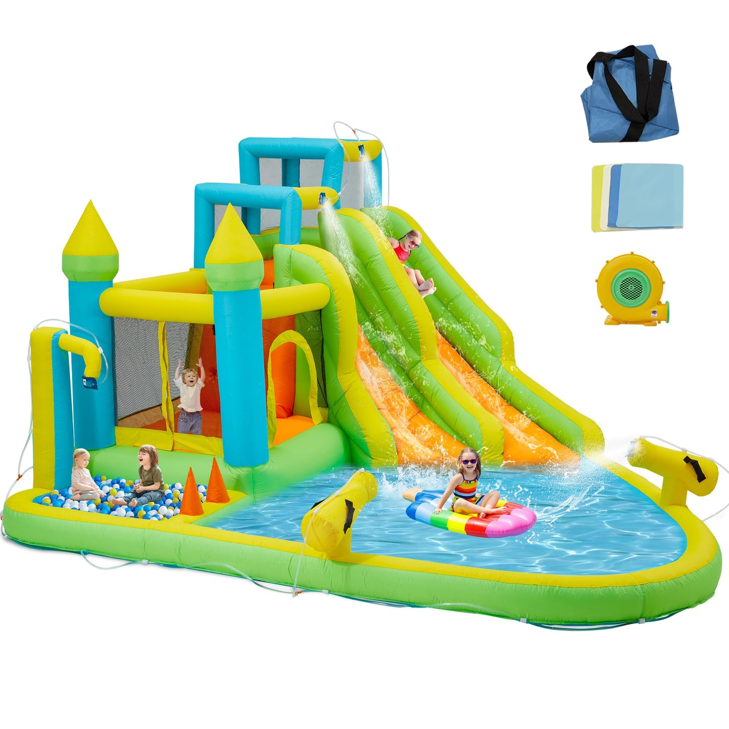 HOMMOW Inflatable Water Slide,10 in 1 Water Park Bounce House for Kids 3-12 with Blower,Splash Pool, 2 Slides, Water Cannon, Climbing Wall,Blow up Water Slides for Kids Outdoor Backyard