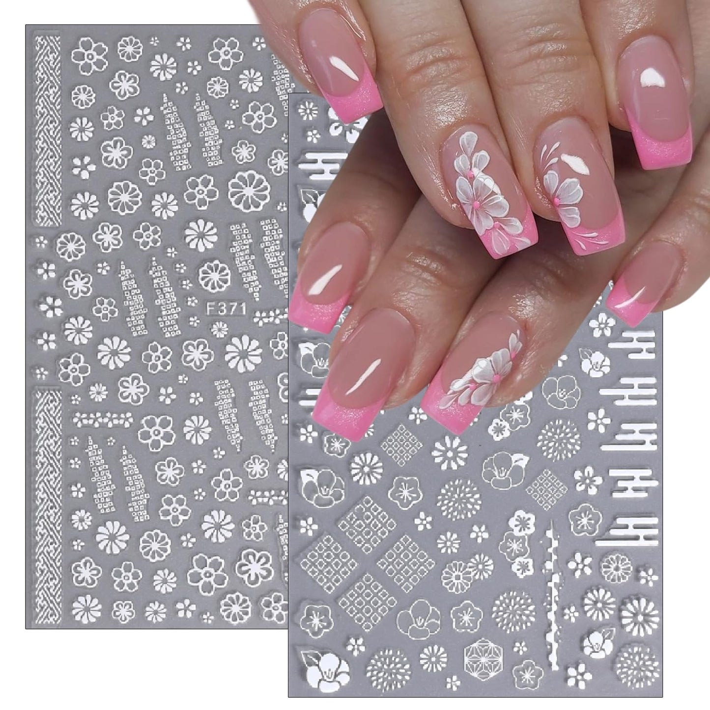 8 Sheets White Flower Nail Art Stickers Flower Daisy Nail Decals 3D Self-Adhesive White Cherry Blossom with 5 Petals Floral Lace Design Women's Nail Art Decoration Supplies