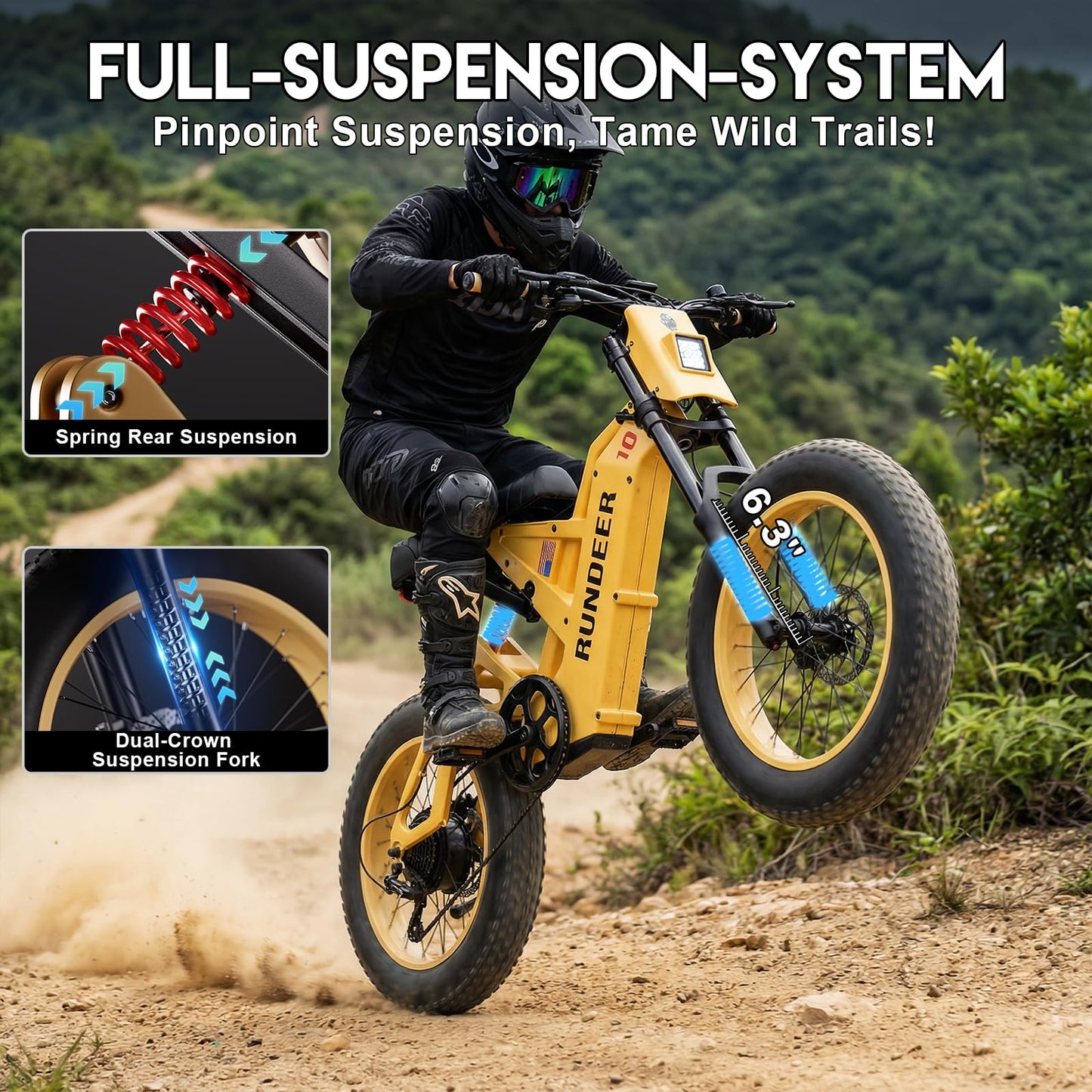 RUNDEER Electric Bike for Adults,20" Fat Tire Electric Dirt Bike,100-50 Miles Electric Motorcycle Ebikes,6000/4000/3000W Peak Motor E-Bikes,Full Suspension,3-Year Support (3000W+48V20Ah)