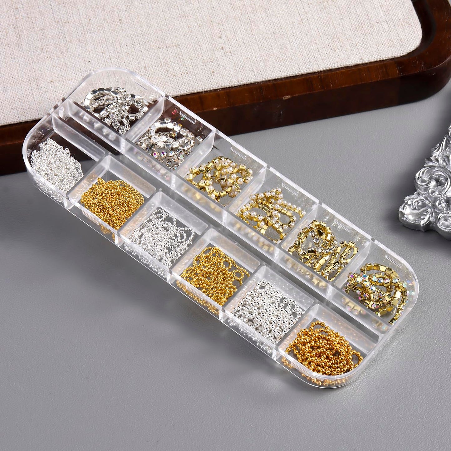 12 Strips Metal Nail Chain Charms, 3D Gold Silver Nail Art Line Accessories, Punk Luxury Pearl Gem Jewelry Chains for Women Girls Manicure Supplies DIY Crafts Decorations