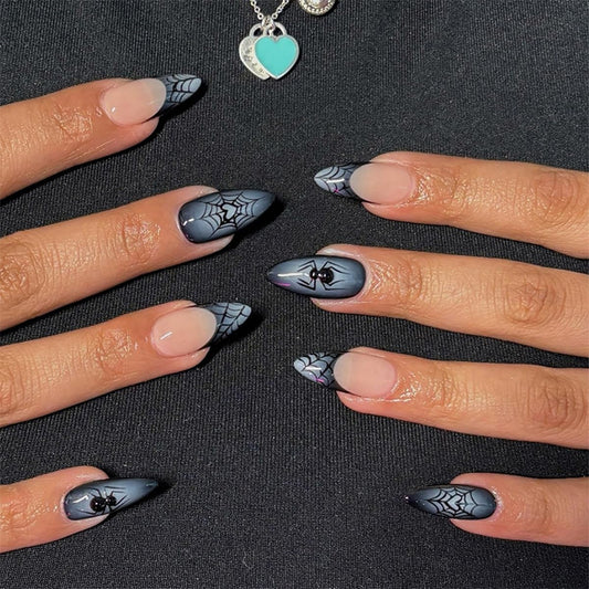 Halloween Press on Nails Almond Fake Nails Gothic French Tip False Nails Press ons with Spider Web Designs Dark Bule Reusable Artificial Nail Full Cover Stick on Nails for Women Manicure 24Pcs