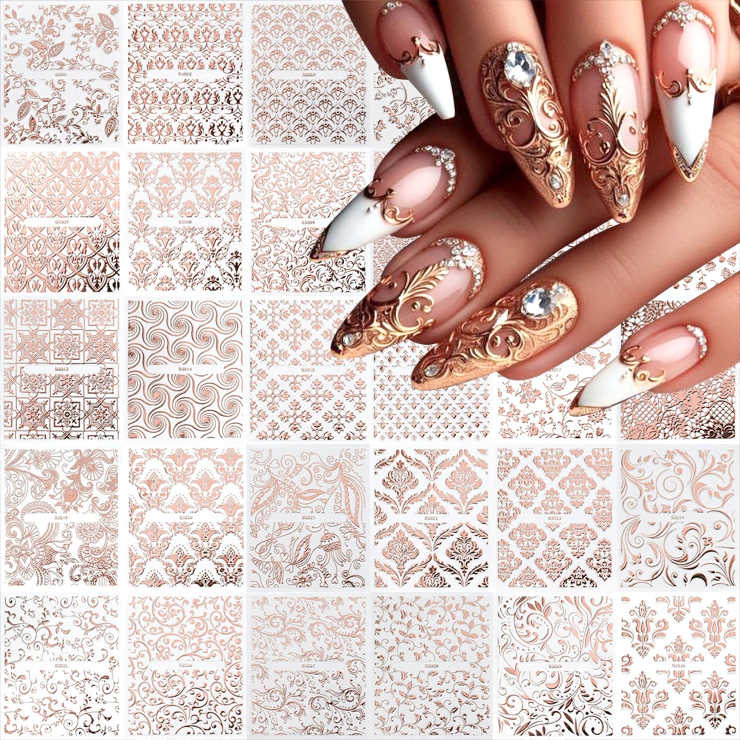 30 Sheets Rose Gold Nail Art Stickers Hollow Retro Floral Vine Design Self Adhesive Nail stickers Gold Line Nail Art Decals for Acrylic Nail decals Women and Girls Nail Supplies Decoration Accessories