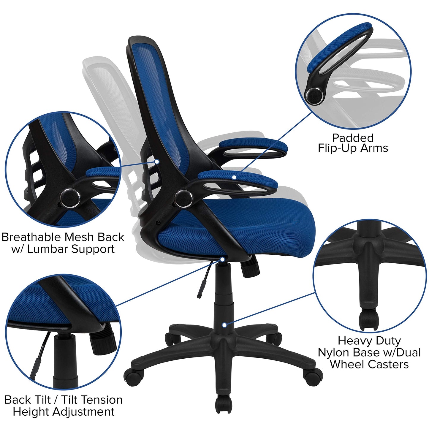 Flash Furniture Porter High-Back Swivel Office Chair with Adjustable Lumbar Support and Seat Height, Ergonomic Mesh Desk Chair with Flip-Up Armrests, Blue/Black