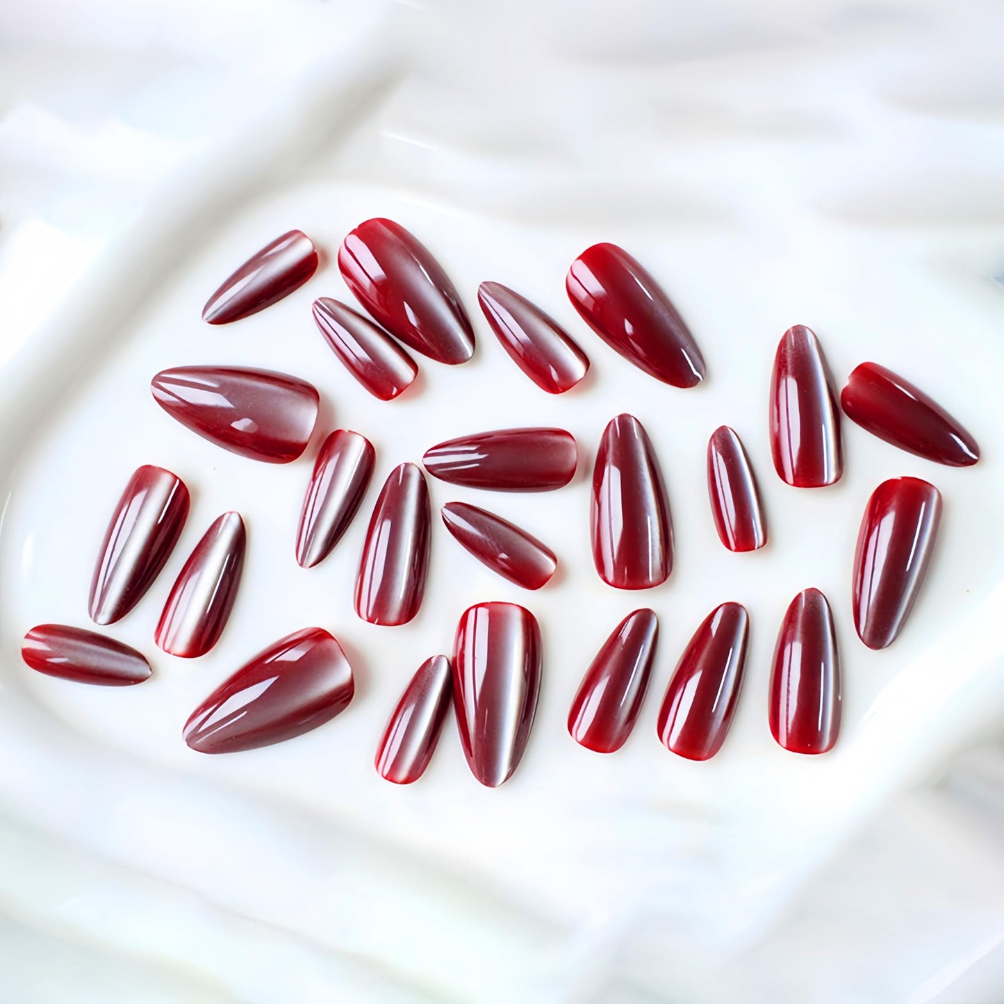 SXVME Cat Eye Dark Red Press On Nails Medium Almond Shaped - 30 Pcs Stiletto Fake Nails Acrylic Press ons, Natural Fit, Opaque Glitter Chrome Gel Nails Stick on, Soft Gel Glue on Nails for Women