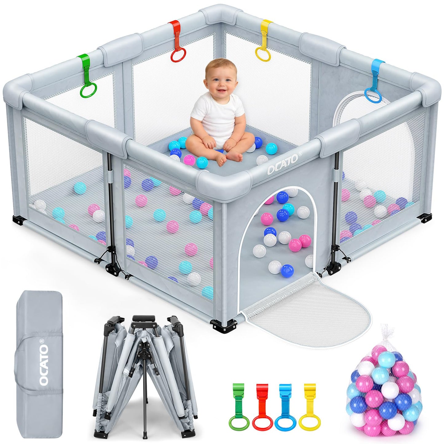 OCATO Baby Playpen: Foldable Playpen for Babies and Toddlers Large Play Pen Portable Playpen Fence Indoor Outdoor Kids Safety Area Travel Play Yard with 1 Storage Bag 4 Handlers 50 Balls (50" × 50")