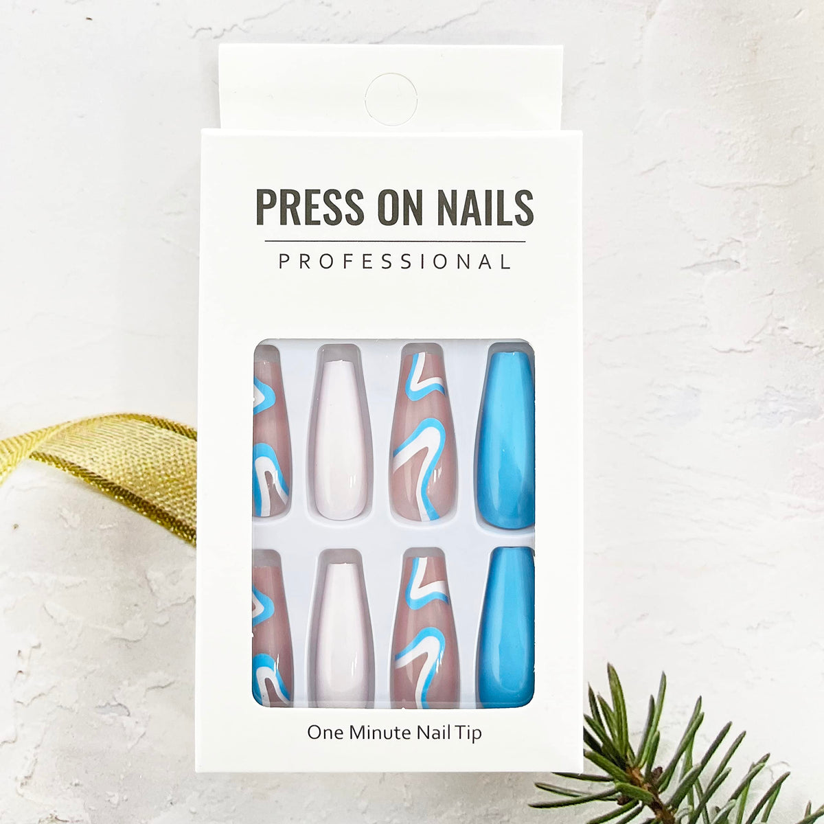 RTKHFZE Summer Acrylic Press on Nails Long Blue Fake Nails French Extra Long Acrylic Nails with Blue Swirl Designs Glossy Artificial Nails for Women and Girls 24PCS