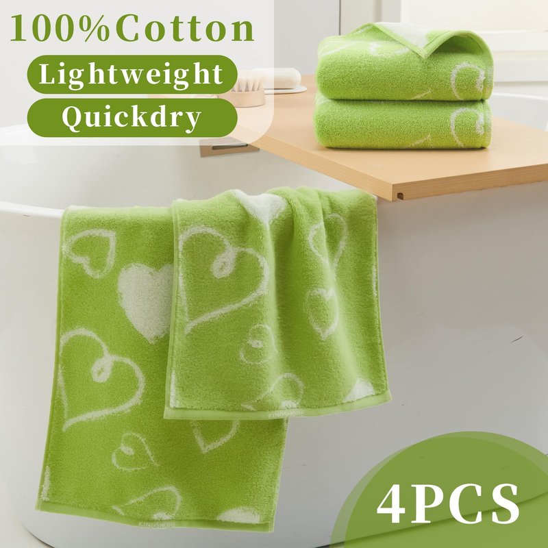 VOOVA & MOVAS 4 Pcs Green Hand Towels with Heart Pattern (13"X28"),100% Cotton - Ultra-Absorbent, Quick-Dry & Lightweight | Face Towels | Soft, Plush Decoratice Towel Set