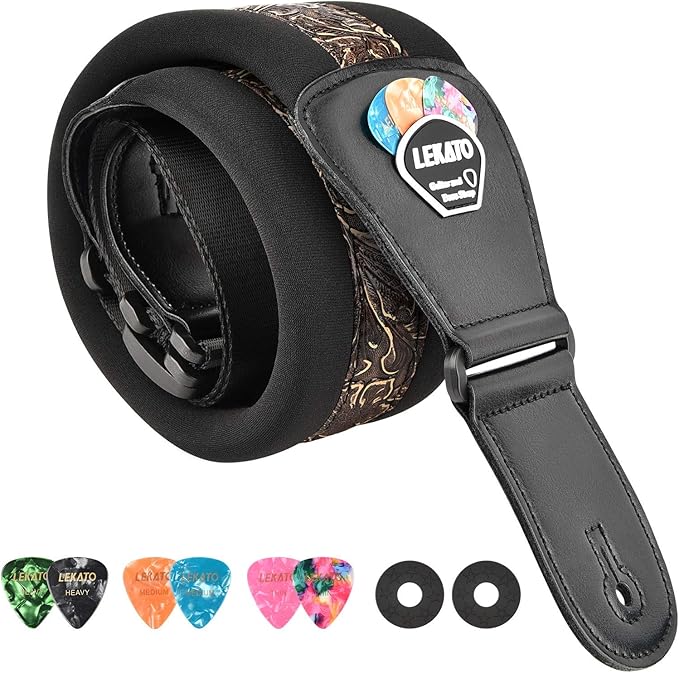 LEKATO Bass Guitar Strap - 3" Wide, Padded, Adjustable 45" to 55", Pick Holder & 2 Safety Strap Locks