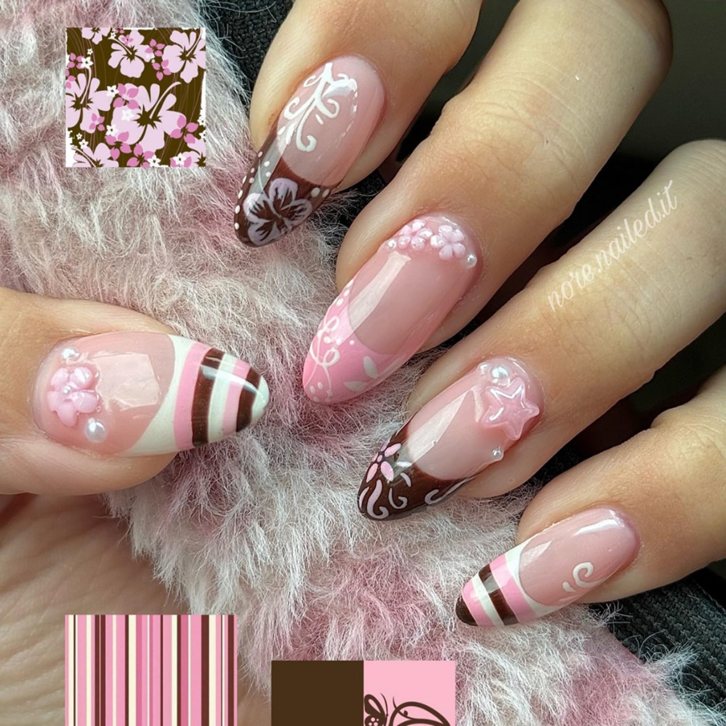 octoswave Long Almond Press on Nails 3D Floral Star Design Pink Brown Fake Nails for Women Girls Party Vacations 24Pcs