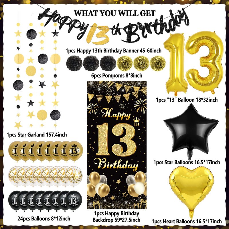 TSVATE 15th Birthday Decorations for Boys, Black Gold 15 Birthday Boy Decorations, Happy 15th Birthday Backdrop, Banner, Number 15 Balloons, Pompoms, Star Garland, 15 Year Old Boy Birthday Decorations
