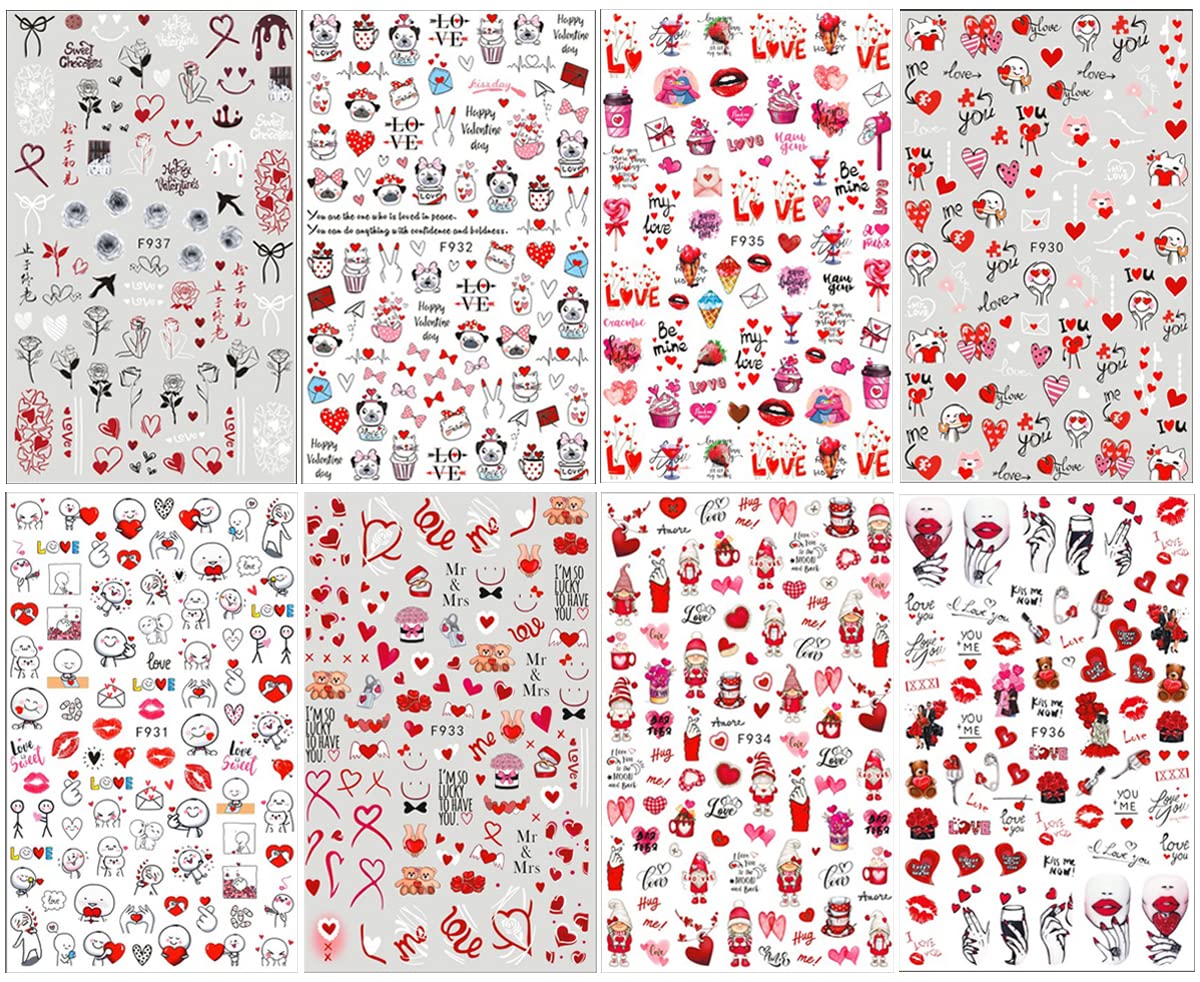 8 Sheets Valentine's Day Nail Art Stickers Decals,3D Self-Adhesive Nail Art Supplies Red Rose Lovers Lips Gnomes Designs Sticker Romantic Love Heart Manicure DIY Nail Decorations for Women Girls