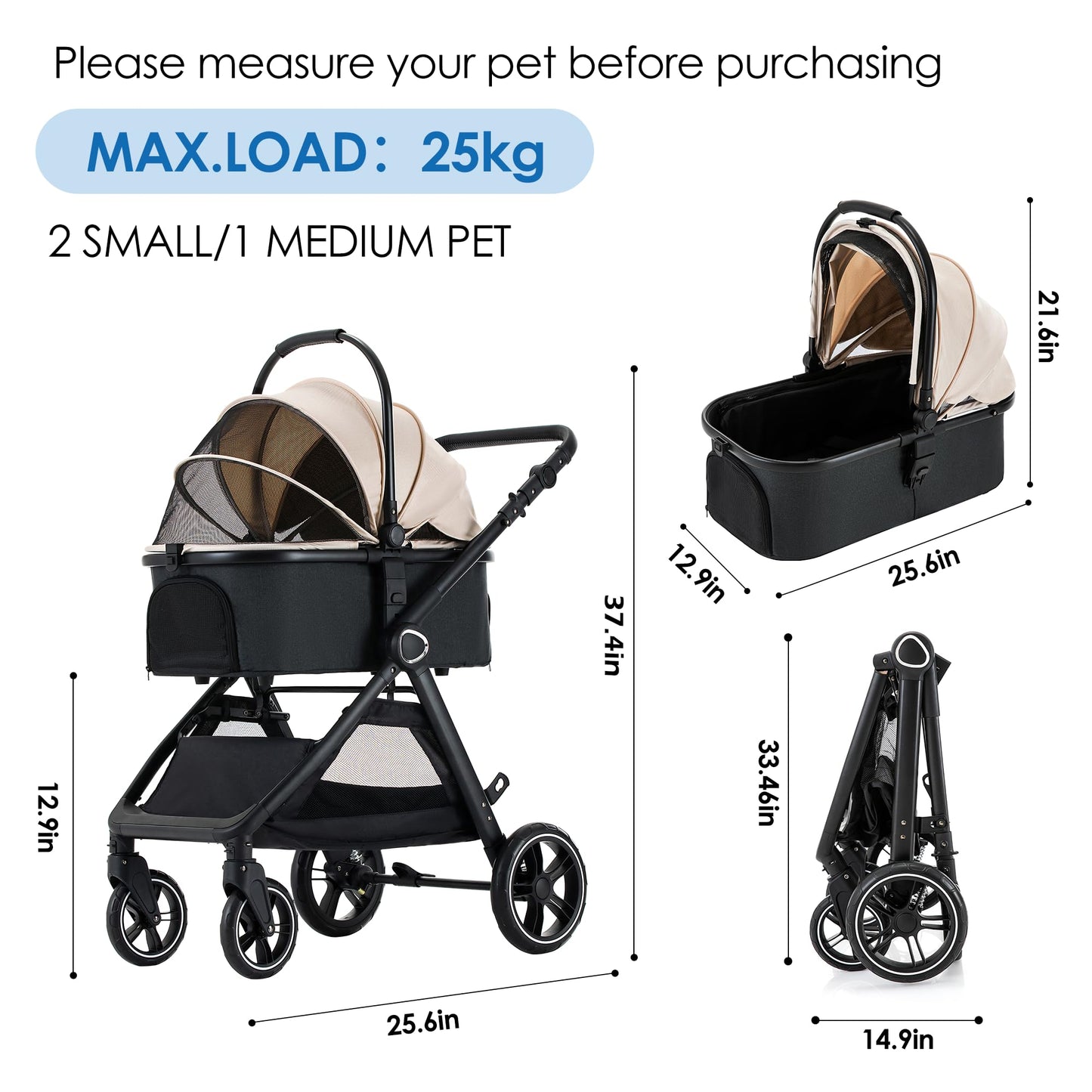 KAVELLIN Pet Stroller for Small Medium Dogs Cats Up to 50lbs, Dog Stroller with Removable Carrier, One Click Folding Cat Strollers, All-Terrain 4 Wheels Pet Strollers, Beige