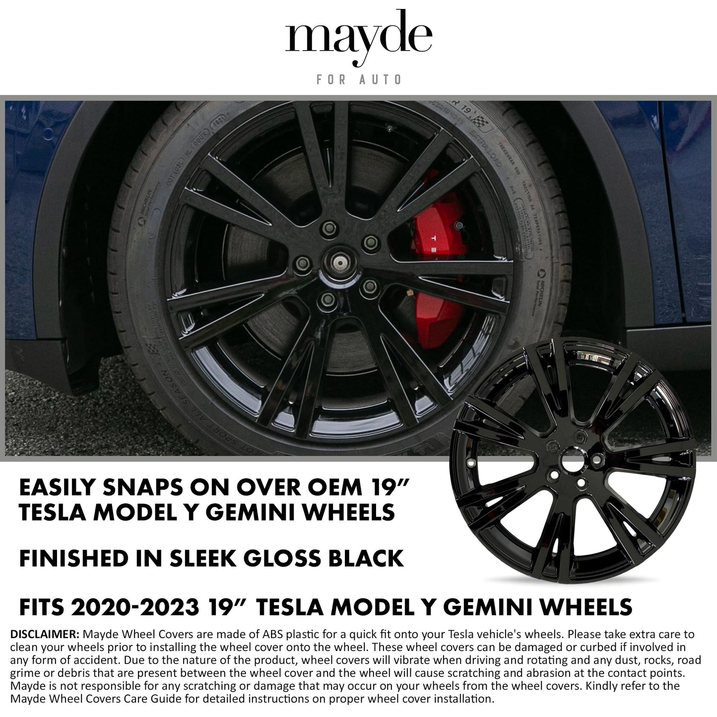 Mayde 19-Inch Tesla Model Y Wheel Covers – Replacement Hubcaps for 2020–2024 Tesla Model Y Rims, Gloss Black Set of 4