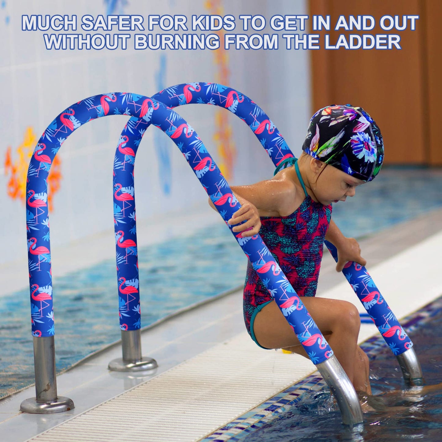 Junkin 4 Feet Pool Handrail Cover Tropical Flamingo Hook and Loop Inground Swimming Pools Hand Rail Ladder Handles Cover Safety Anti-Slip Cool Touch Heat Resistant Rail Grip Handles Sleeve Blue Grip