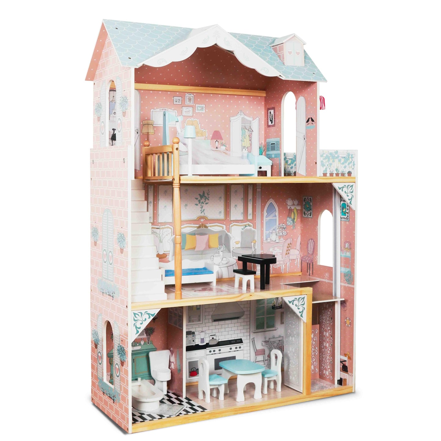 Lil' Jumbl Kids Wooden Dollhouse with Elevator, Balcony & Stairs, Accessories & Furniture Included, 3 Story Easy to Assemble Blue Dollhouse Toy - X-Large