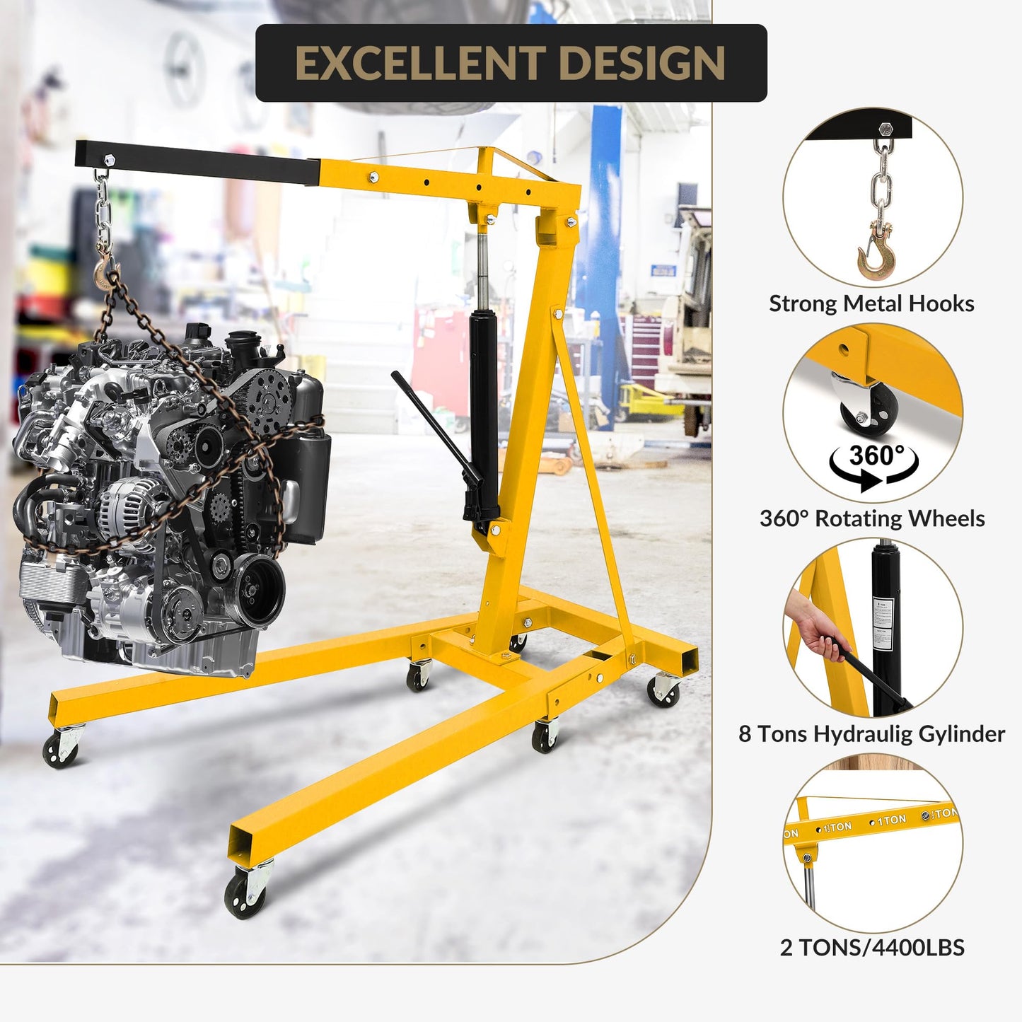 2 Ton Hydraulic Engine Hoist Cherry Picker, 4400LBS Heavy Duty Engine Lift Hoist, Foldable Hydraulic Shop Crane w/Telescopic Boom & 6 Swivel Casters for Auto Repair, Garage, Workshop, Yellow