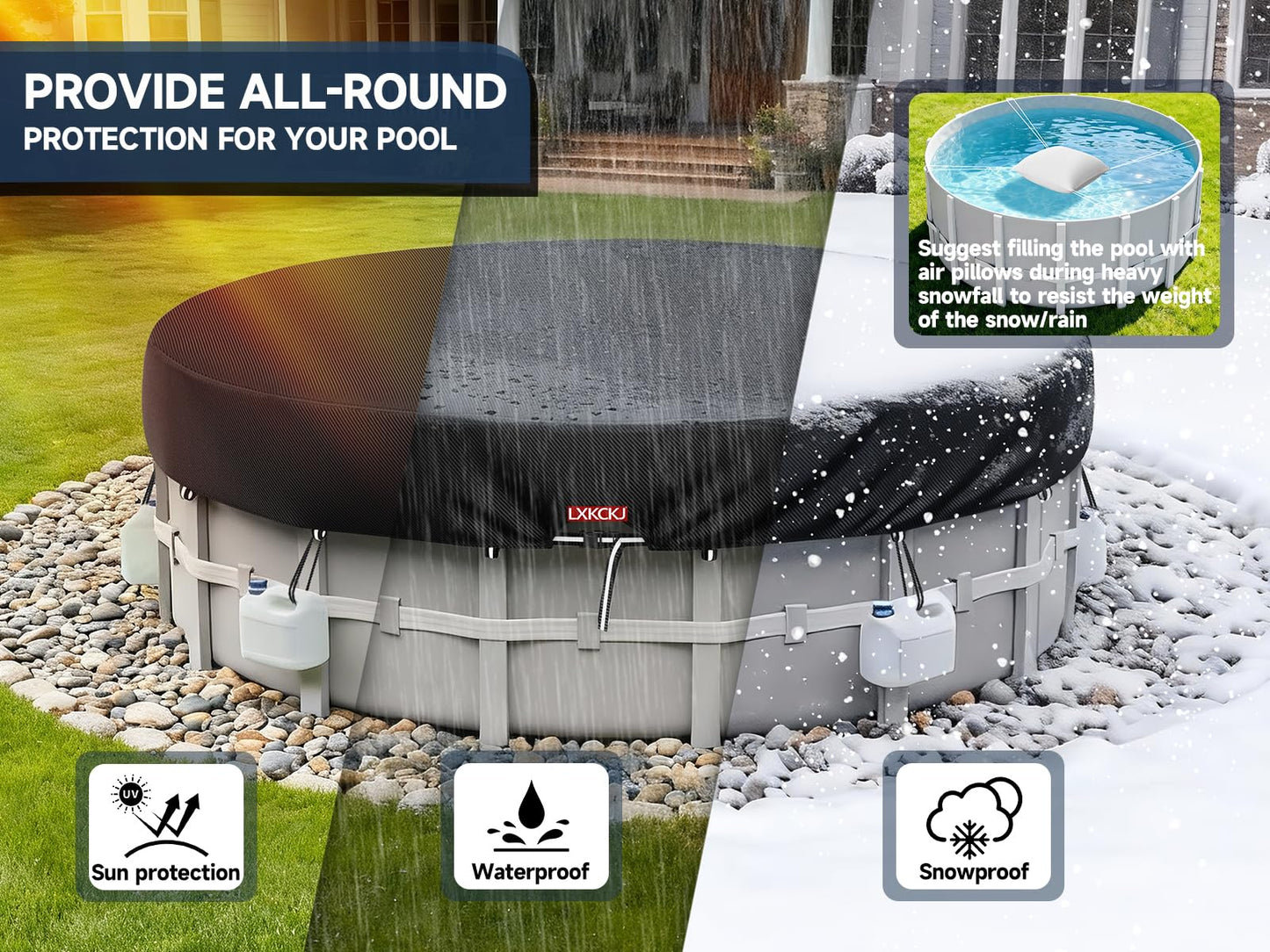 LXKCKJ 12 Ft Round Pool Cover, Solar Pool Covers for Above Ground Pools, Summer Pool Cover Protector with Cover Accessories, PE Tarp Ideal for Waterproof and Dustproof (Black)