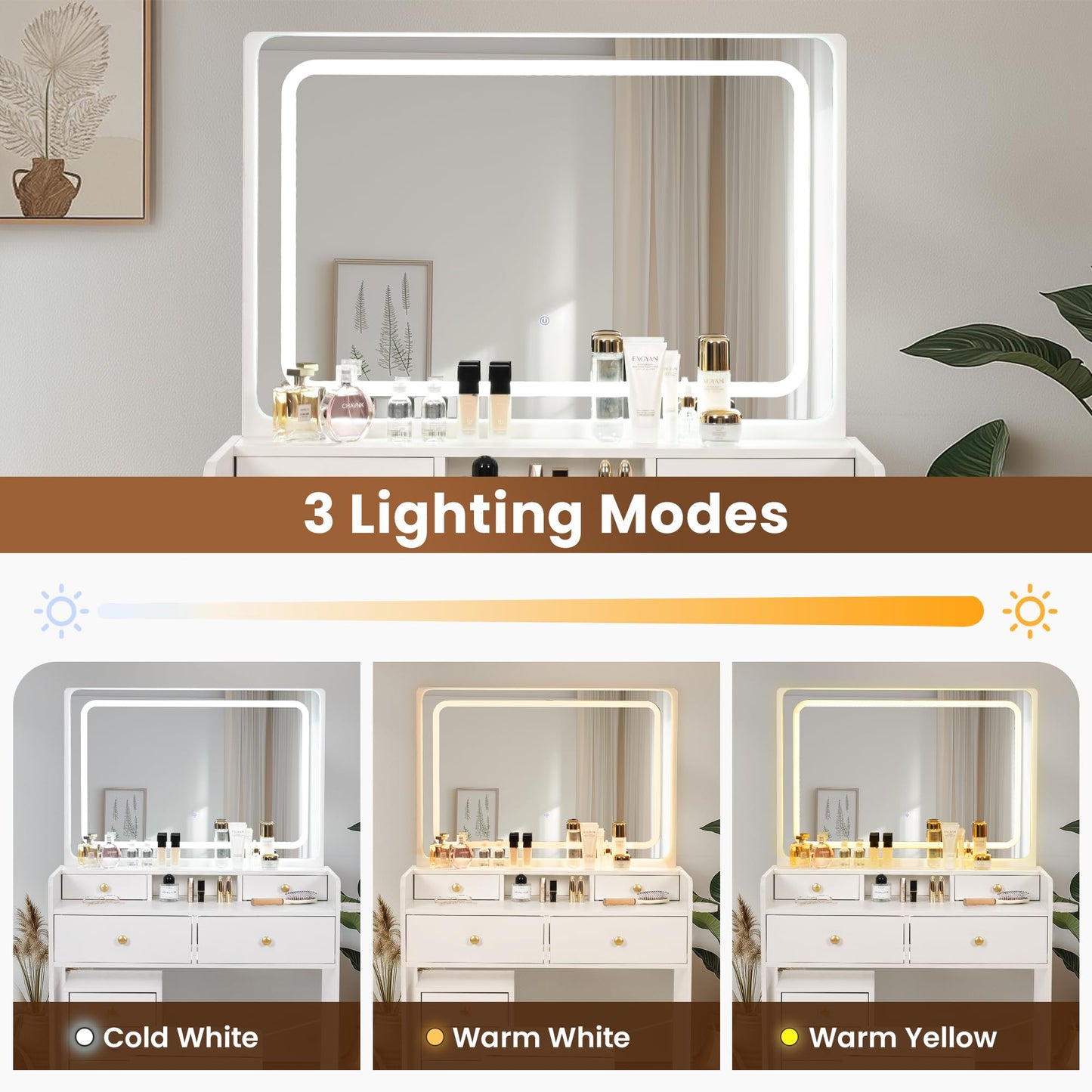 Pamapic Vanity Desk with File Cabinet, 8 Drawers Makeup Vanity with Mirror and Lights,3 Lighting Modes Dressing Table with Chair, Power Outlet, Silent Slides, White