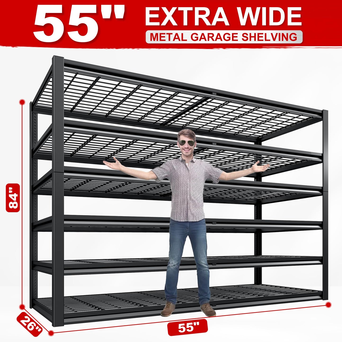 REIBII 3500LBS Garage Shelving, Adjustable Storage Shelves Heavy Duty, 6 Tier Heavy Duty Shelving, Metal Shelving Unit for Warehouse, Basement, Industrial, 55" W x 26" D x 84" H, Black, 3 Pack