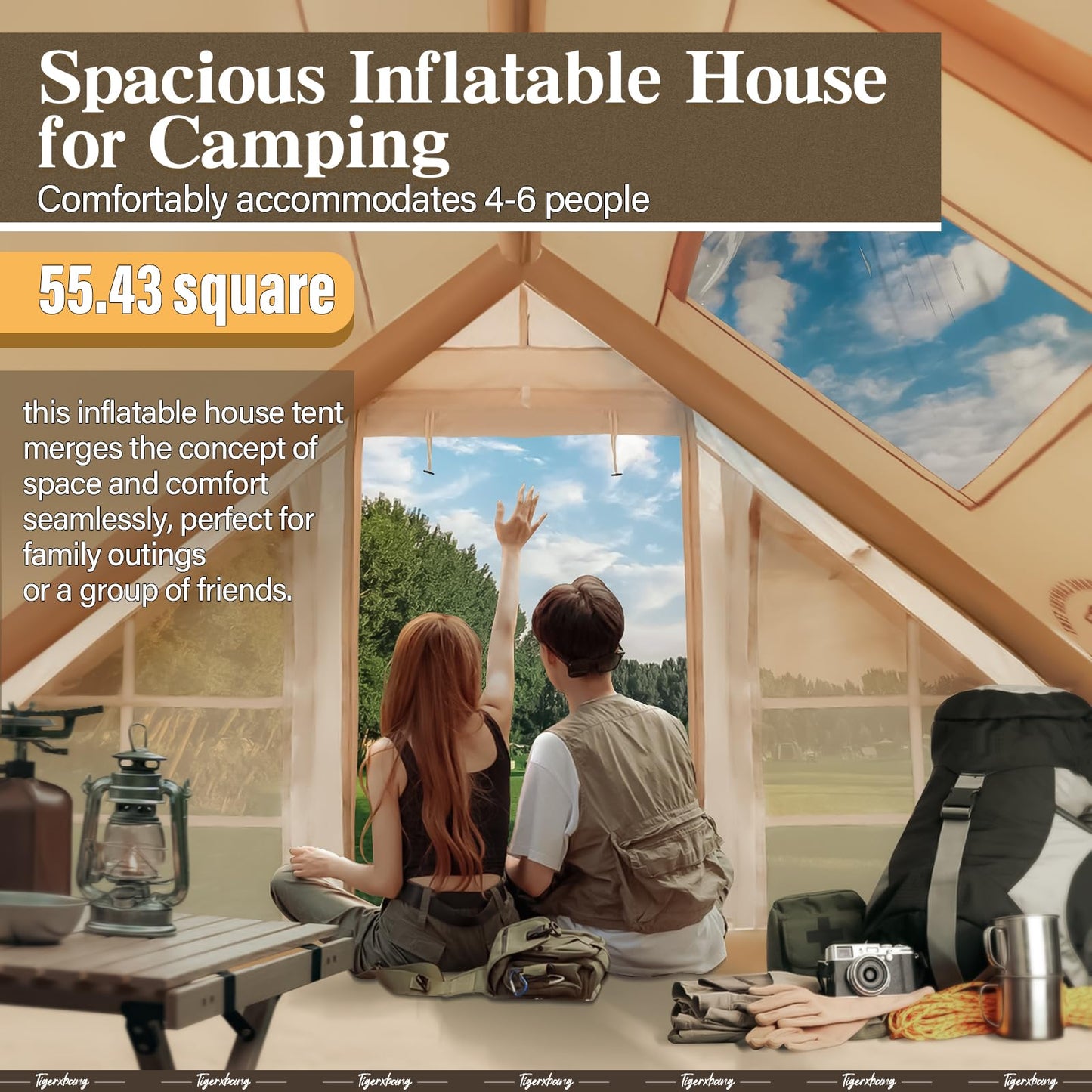 TIGERXBANG Inflatable Tent for Camping, 4-6 Person Glamping Air Tents, Easy Setup 4 Season Luxury Cabin, Waterproof & Windproof Inflatable House Tent with Panoramic View Windows