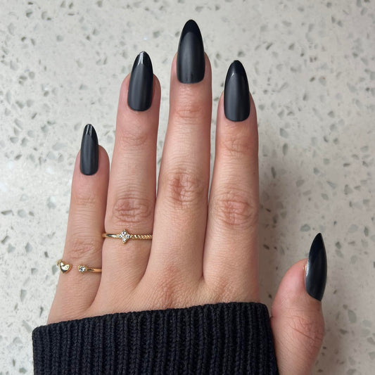 CLASSIC BLACK Press-On Nails by Lavaa Beauty | Medium Almond | Matte with Glossy Black Tip